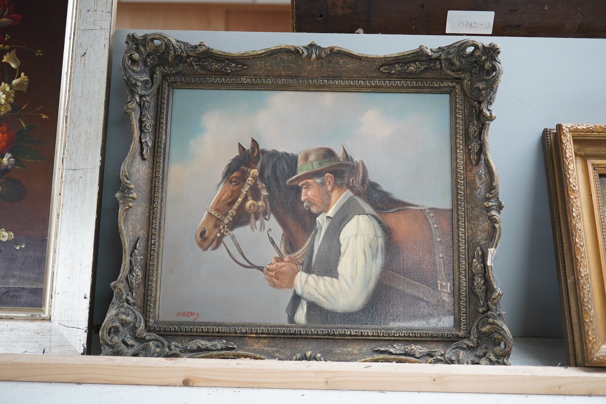 Harms, oil on canvas, Study of a gentleman and work horse, signed, 24 x 29cm, ornately framed. Condition - good, some minor losses to the frame